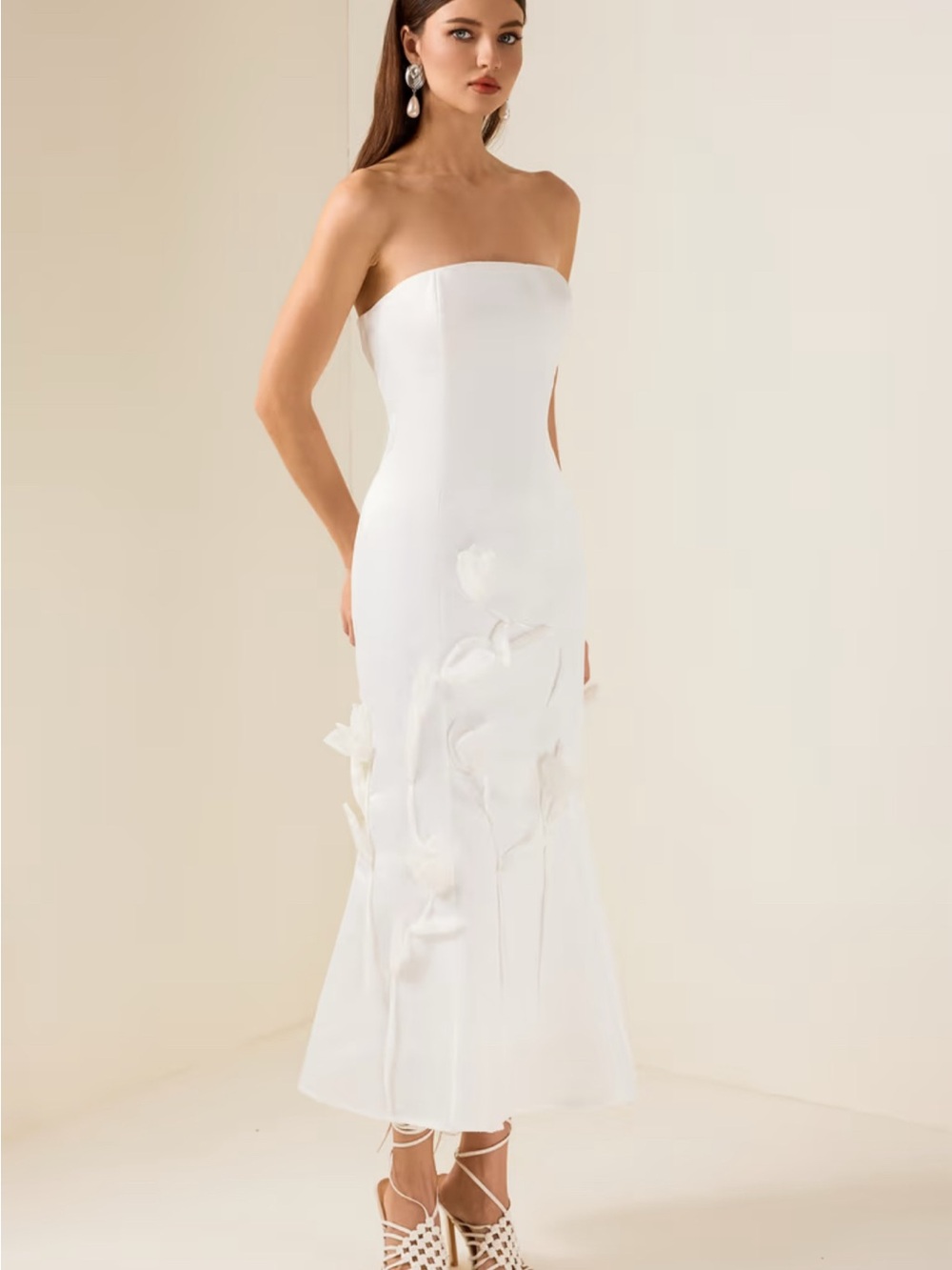 Strapless White Midi Dress with Sculpted Floral Detail